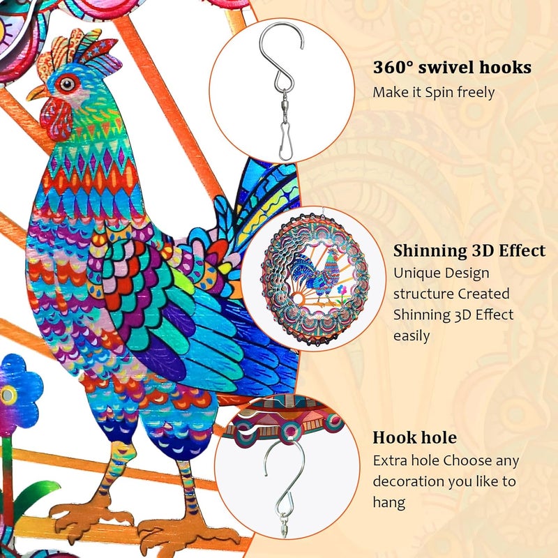Eiryhope Rooster Kinetic Wind Spinner - 12-Inch 3D Holographic Metal Hanging Sculptures, Rustproof Outdoor Decor Garden Patio Decoration, Unique Gift for Chicken Lovers Mom Dad Men Women - Image 5